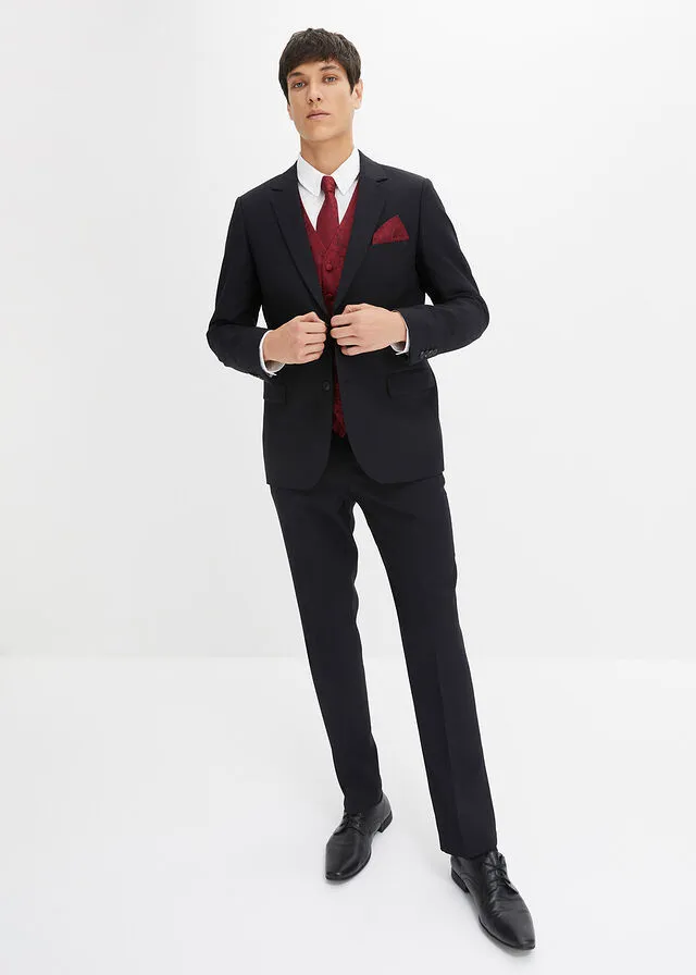 Traje (5 piezas): americana, pantalón, chaleco, corbata, pañuelo Negro-burdeos